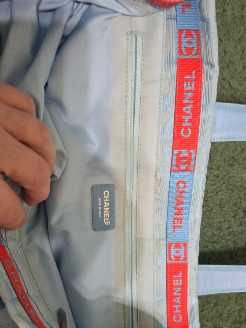 CHANEL Light Blue Jacquard Tote with Red Trim - Picture 6 of 9